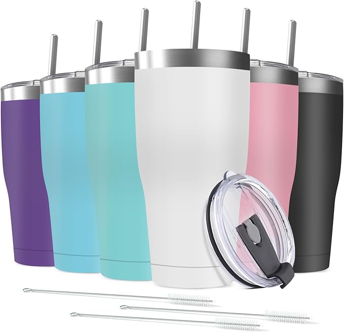 6 Pack 20oz Stainless Steel Tumblers Bulk Reusable Travel Mugs with Lid, Double Wall Powder Coated Coffe Cup for Home, Office, Outdoor Suitable for Vehicle Cup Holders - Bloomnest