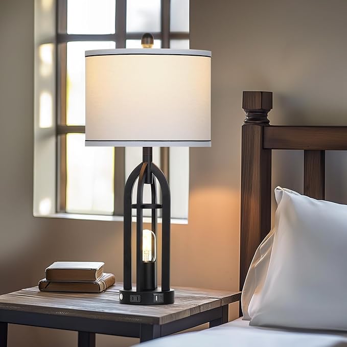 27" Black Table Lamp for Living Room,Black Table Lamps Set of 2 with USB & AC Outlet, 3-Way Dimmable Farmhouse Lamps for Night Stands, Vintage Bedside Lamp for End Tables, Nightstand Lamps for Bedroom - Bloomnest