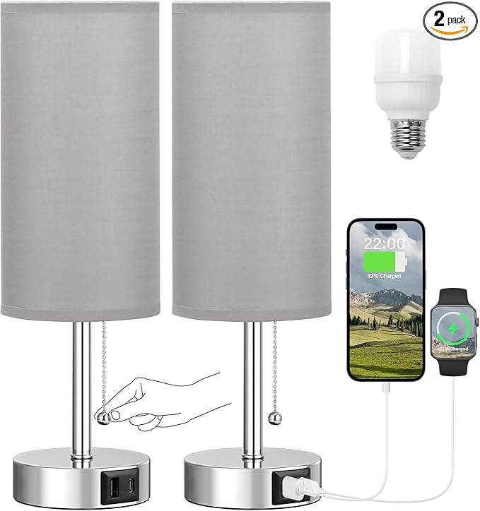 Silver Bedside Lamps for Bedroom Set of 2 - Nightstand Table Lamp with USB A + C Charging Port, 3 Color Temperatures Pull Chain Night Stand Light, Side Table Desk Reading Lamp for Living Room/Dorm - Bloomnest