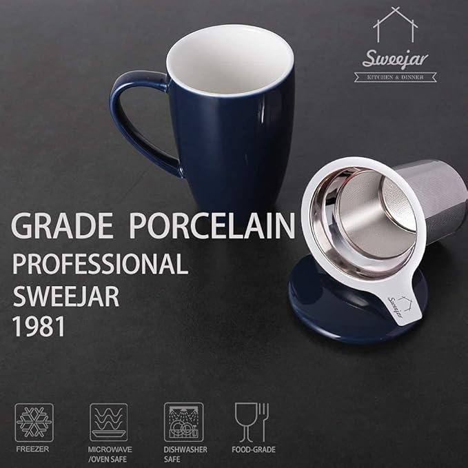 Sweejar Porcelain Tea Infuser Cup with Lid, 16 oz Tea Cup with Strainers for Loose Leaf Tea, Microwave and Dishwasher Safe Coffee Mug, Tea Steeping Mug for Tea Drinkers,Christmas Gift (Navy) - Bloomnest