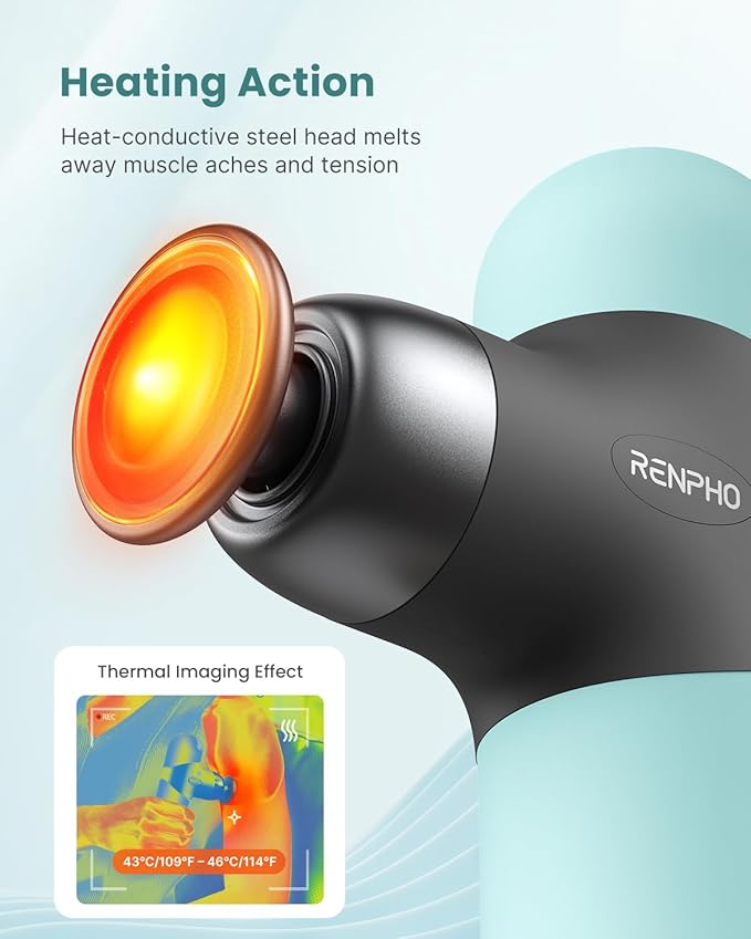 RENPHO Mini Thermal Massage Gun with Heat, Christmas Birthday Gifts for Women Men, Portable Deep Tissue Percussion Massager, Color Silicone Sleeves Travel Size with Carry Case, Mint - Bloomnest