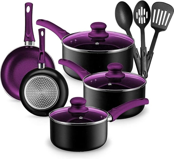 Chef’s Star Aluminum Pots and Pans Set for Kitchen - Nonstick Stackable Induction Cookware, 11 Pcs, Purple - Bloomnest