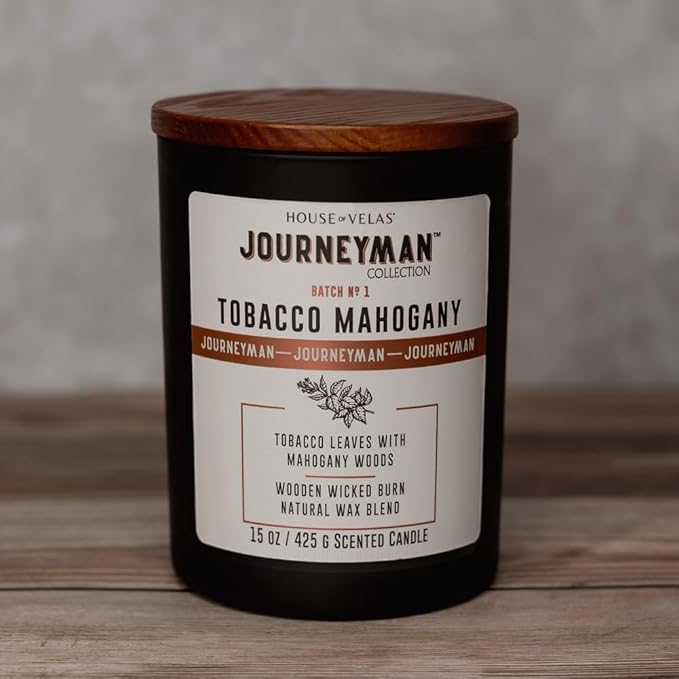 Journeyman Collection Candle, 15oz, Wooden Wick, Tobacco Mahogany, Large Painted Jar - Bloomnest