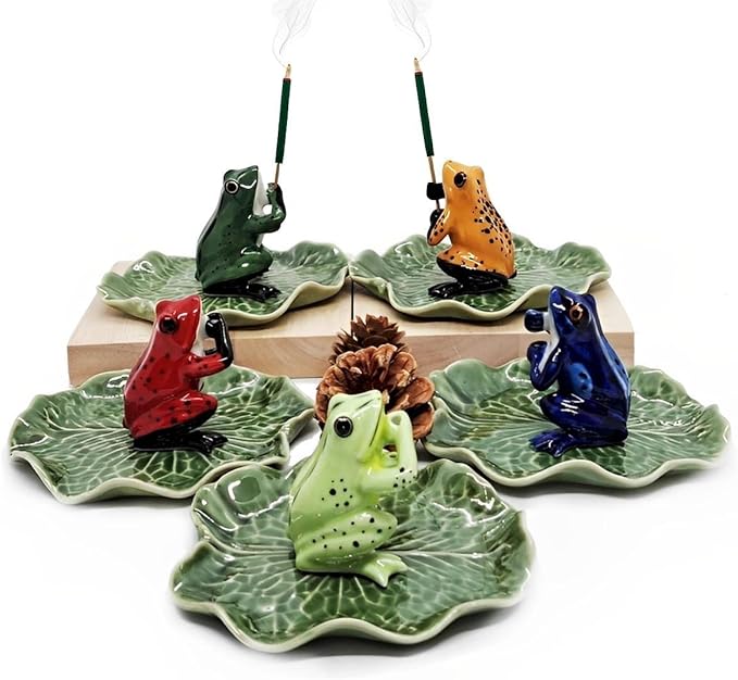 2" Red Black Frog On 4" Wide Lotus Leaf Ceramic Incense Stick Holder Artistic Collectible Figurine for Adult Collectors Interior Accent Gift Handcrafted Porcelain Home Room Decor - Bloomnest