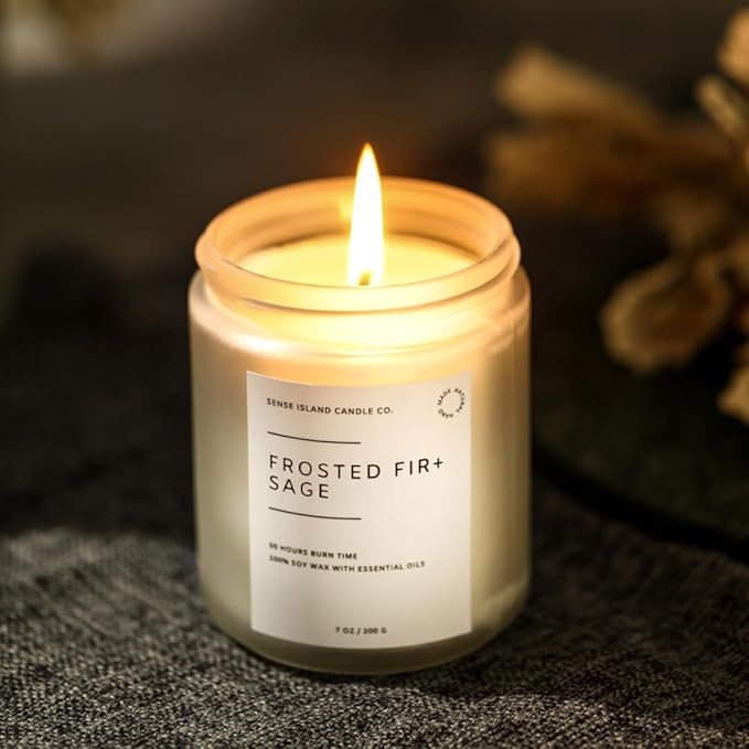 SENSE ISLAND Frosted Fir and Sage Scented Candle for Home Scented, Natural Soy Wax 50 Hrs Burn Time Highly Scented Candle Gifts for Women and Men - Bloomnest
