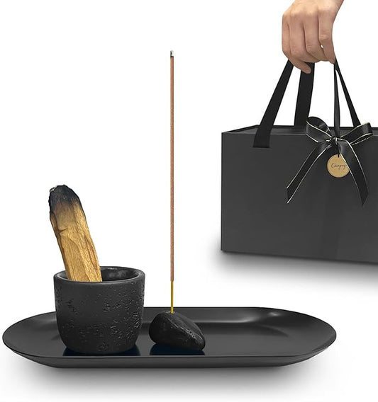 Incense Holder for Sticks, Handmade Sage and Palo Santo Holder, Sage Smudge Burner, Palo Santo Sticks Holder, Ash Catcher Tray, Yoga Meditation (Black) - Bloomnest