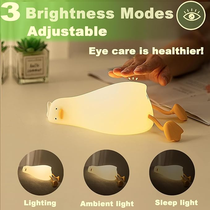 DREAMING MY DREAM Cute Duck Night Light,Rechargeable Fun Lying Flat Duck Lamp,LED Squishy Animal Novelty Lamp,Light up Duck for Kids Great Gift,3 Level Dimmable Nursery Nightlight Touch Lamp - Bloomnest