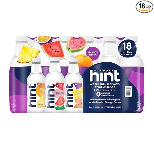 Hint Fruit-Infused Flavored Bottled Water, 3-Flavor Mega Variety Pack - Purified Water Beverages with Zero Calories, Natural Flavors, and Sugar Free - 16 Fl Oz (Pack of 18) - Bloomnest