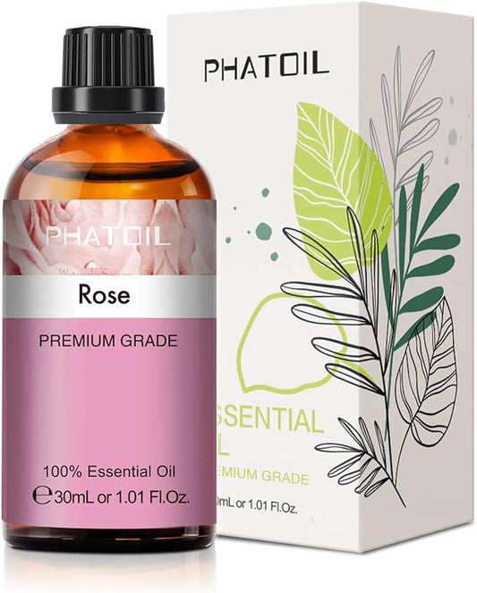 Rose Essential Oil, 1.01Fl.Oz (30ML) PHATOIL Pure Essential Oil Singles for Aromatherapy Diffusers, Humidifiers, Great for DIY Candle and Soap Making, Gift for Friend PHATOIL