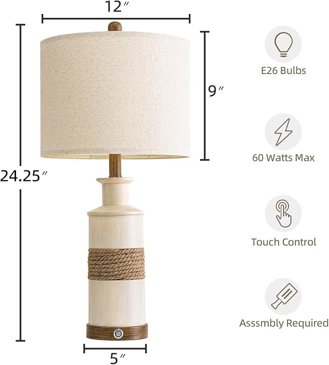 BOBOMOMO 24.5" Farmhouse Boho Table Lamps Set of 2, Hand-Woven Rattan Bedside Lamps with 3-Way Dimmable Touch Control & USB A+C Ports, Nightstand Lamp for Bedroom, Living Room, Corner (Bulbs Included) - Bloomnest
