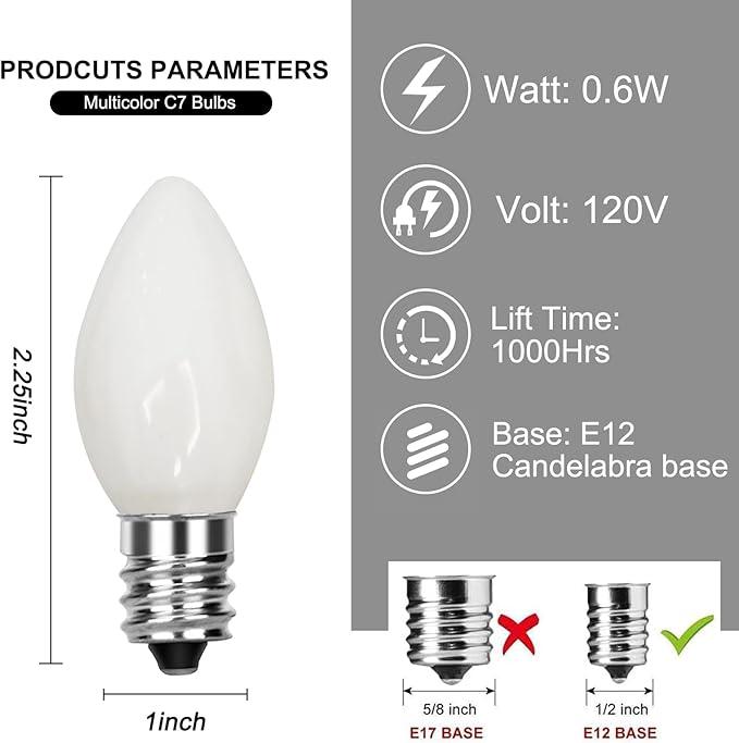 C7 LED White Replacement Bulbs, 25 Pack C7 Ceramic White Christmas Light Bulb, 0.6W Night Light Bulbs Vintage Replacement Bulbs for Outdoor Christmas String Lights - Bloomnest