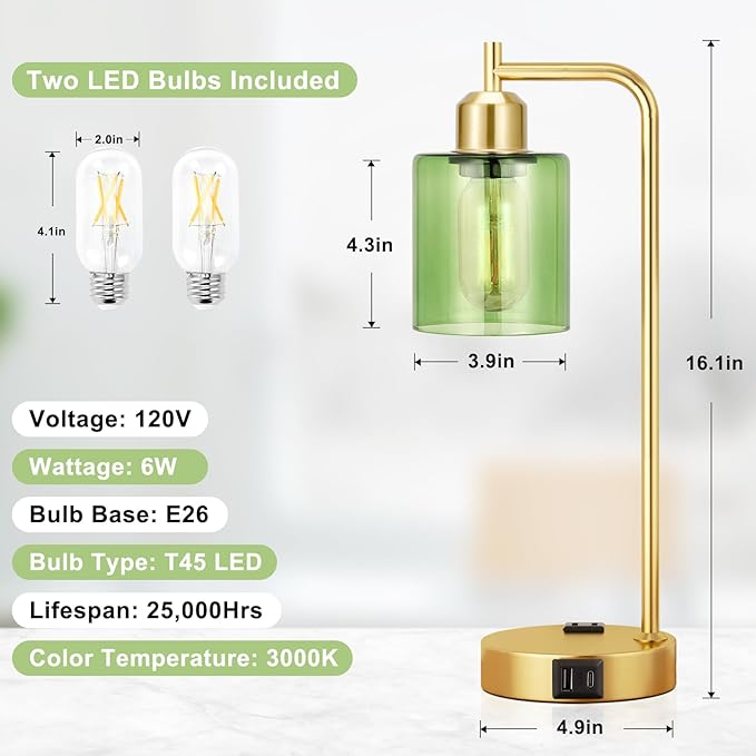 Innqoo Industrial Green Table Lamps for Bedrooms Set of 2-3-Way Dimmable Desk Lamp with USB C+A Ports and Outlet, Gold Lamps with Green Glass Shade for Living Room - Bloomnest