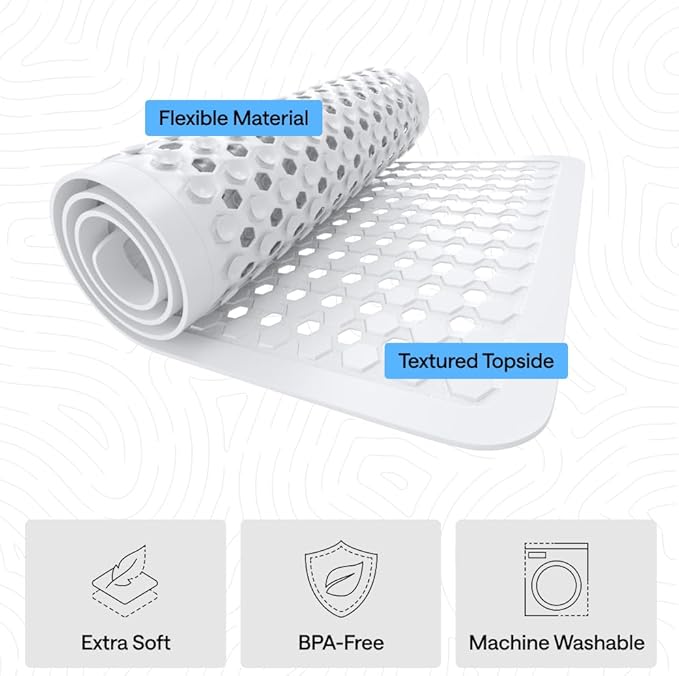 GORILLA GRIP Patented Bath Tub Shower Mat, 2 Pack, Machine Washable Bathtub Floor Liner Mats, Suction Cups and Drain Holes to Keep Tubs Clean, Soft on Feet, Bathroom Essentials, 35x16 Inch, White - Bloomnest