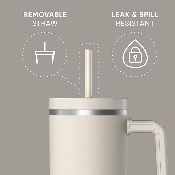 Hydrapeak Voyager 40 Oz Stainless Steel Tumbler with Handle, Insulated Water Bottle With Straw & Lid, Cupholder Friendly Reusable Travel Mug (Stone) - Bloomnest