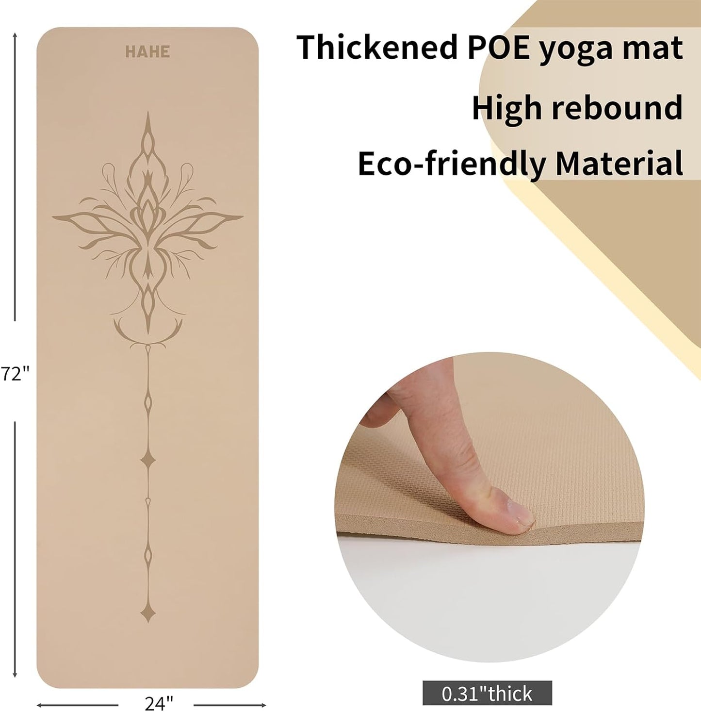 HAHE Yoga Mat Thick (8MM,1/3"), Eco-Friendly POE Non Slip Yoga Mat, High Rebound & Shock Absorption, Anti-Tear & Sweat-Resistant for Yoga, Fitness, Home, Workouts, Large Pilates Mats 72"x24" with Carrying Strap