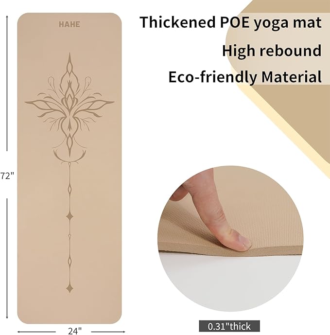 HAHE Yoga Mat Thick (8MM,1/3"), Eco-Friendly POE Non Slip Yoga Mat, High Rebound & Shock Absorption, Anti-Tear & Sweat-Resistant for Yoga, Fitness, Home, Workouts, Large Pilates Mats 72"x24" with Carrying Strap - Bloomnest