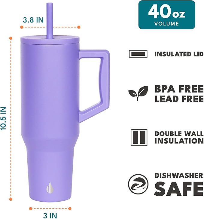 Elemental 40 oz Tumbler with Handle and Straw - Spill Proof Insulated Stainless Steel Commuter for Hot and Cold Beverages - Travel Coffee Mug with 2 Straws & Spill Proof Lid - 40oz - Lavender - Bloomnest