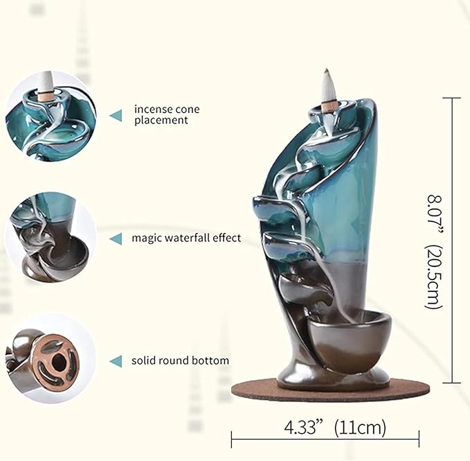 YYW Backflow Incense Burner Holder Handmade Statue Decor Fountain Waterfall Incense Holder with 20 Backflow Incense Cones 30 Incense Sticks 1 Tweezer 1 Mat for Indoor Meditation Yoga (Blue) - Bloomnest