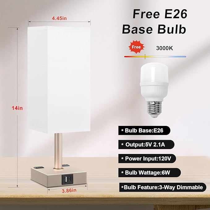 Antique White Touch Table Lamp - Mochaca Gold Bedside Lamp with USB A + Type C Charging Ports and Two AC Outlets, Small Night Stand with E26 LED Bulb, Desk Light for Bedroom Living Room Office Dorm - Bloomnest