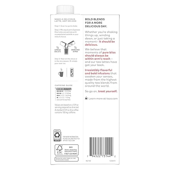 TAZO Espresso Chai Latte, Black Tea Concentrate, Easy to Serve Espresso Chai Tea for Everyday Cafe Style Lattes, Hot or Iced Coffee-like experience, Barista Approved, 32oz Tea Mix Carton - Bloomnest