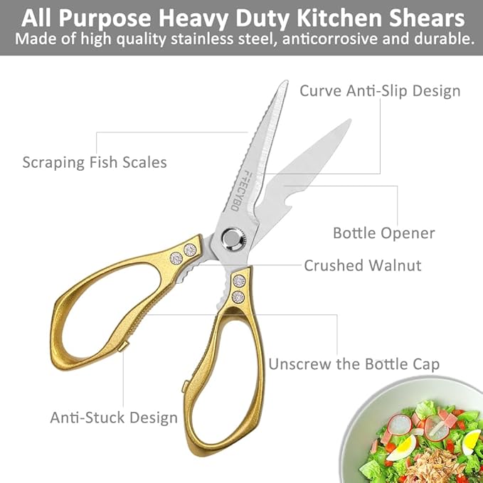 Kitchen Scissors, 2-Pack Multipurpose Kitchen Shears with Comfort Grip, Stainless Steel Cooking Scissors for Cutting Chicken, Meat, Food, Fish, Bread (Golden) - Bloomnest