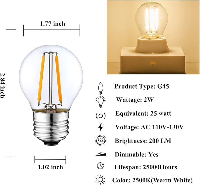 Dimmable 2W LED Globe Bulb 25Watt Equivalent E26 Light Bulb Warm White 2500K LED Edison Bulb, Vintage Filament Edison Decorative Bulb for Chandelier, Ceiling Fan, 6 Pack - Bloomnest