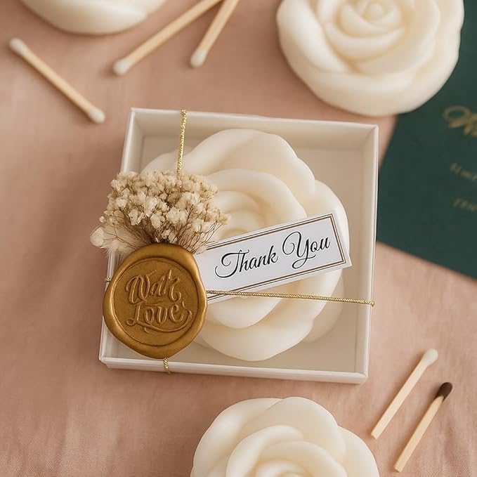 White Rose Petal Soy Wax Candles in Bulk – Rose Candle Wedding Favors for Guests, Personalized Candle Favors for Bridal Shower & Baby Shower Gifts – Dried Flower & Wax Seal Design (30 Pieces) - Bloomnest