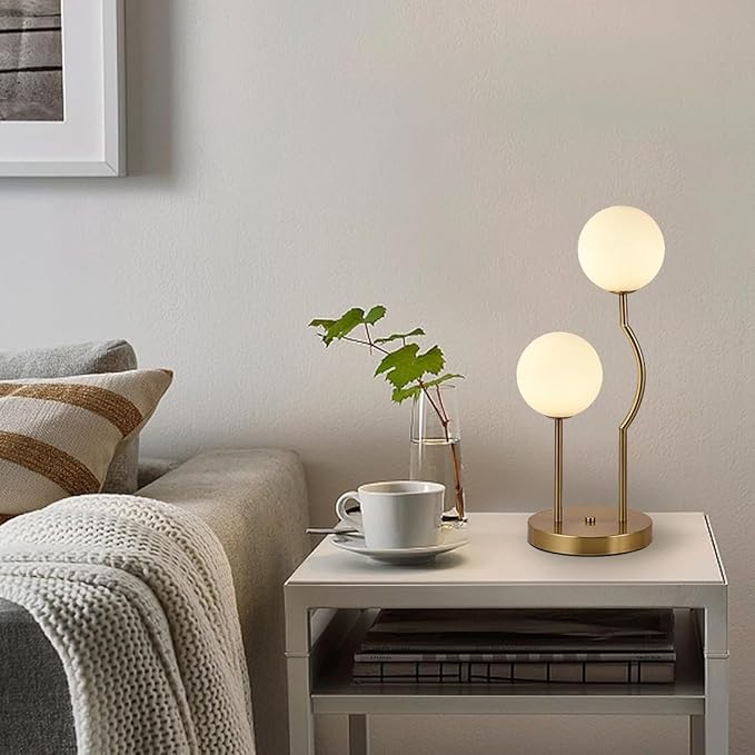 Mid Century Gold Globe Table Lamp 2-Light Orb Modern Beside Desk Table Light with Milk White Glass Shade Metal Base Nightstand Lamp for Bedroom Bedside - Bloomnest