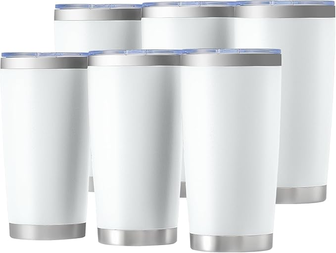 OMTech 20oz Tumblers Bulk, 6pc Stainless Steel Tumbler Set with Lid & Straw, Double Wall Vacuum Insulated Mug for Laser Engraver, Travel Coffee Mug for Hot & Cold Drinks, White Powder Coated Cup - Bloomnest