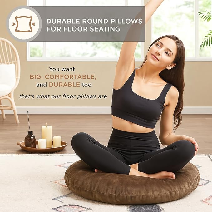 Codi Meditation Cushions Set of 2 – Large Round Floor Pillows for Adults with Removable Washable Cover, Soft and Supportive Floor Cushion for Yoga, Seating and Dog Bed, 32 inch - Coffee - Bloomnest