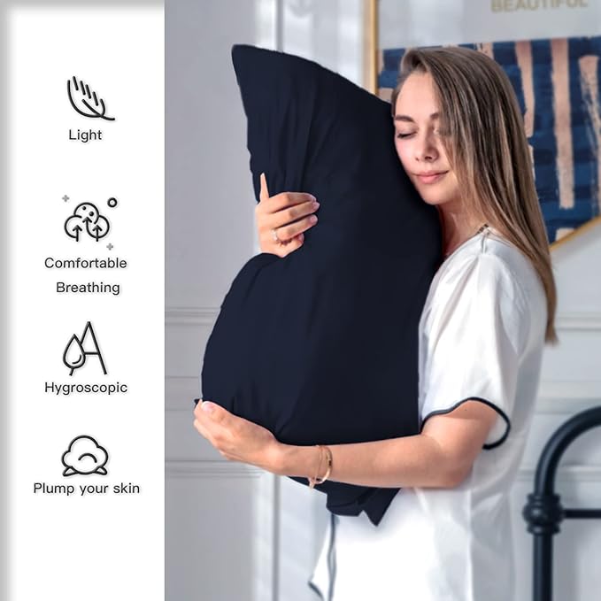 Mulberry Silk Pillowcase for Hair and Skin Standard Size 20"X 26" Pillow Case with Hidden Zipper Soft Breathable Smooth Cooling Silk Pillow Covers for Sleeping (Navy Blue,Standard,1Pcs) - Bloomnest