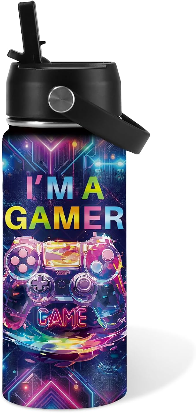 Game Gifts for Boy Girls - 16oz Kids Water Bottle with Straw, I'm A Gamer Stainless Steel Water Bottles Insulated, BPA-free, Leak-proof, Gamer Tumbler for School, Travel - Game Lovers Gift Cup(1pc) - Bloomnest