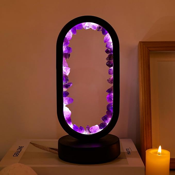 Runyangshi Crystal Lamp Amethyst Raw Stone Ellipse Night Lamp Natural Healing Crystal Night Light Table Lamp Base USB Port 3 Colours Mode for Bedroom Bedside Lamp Office Home Decor Gift - Bloomnest