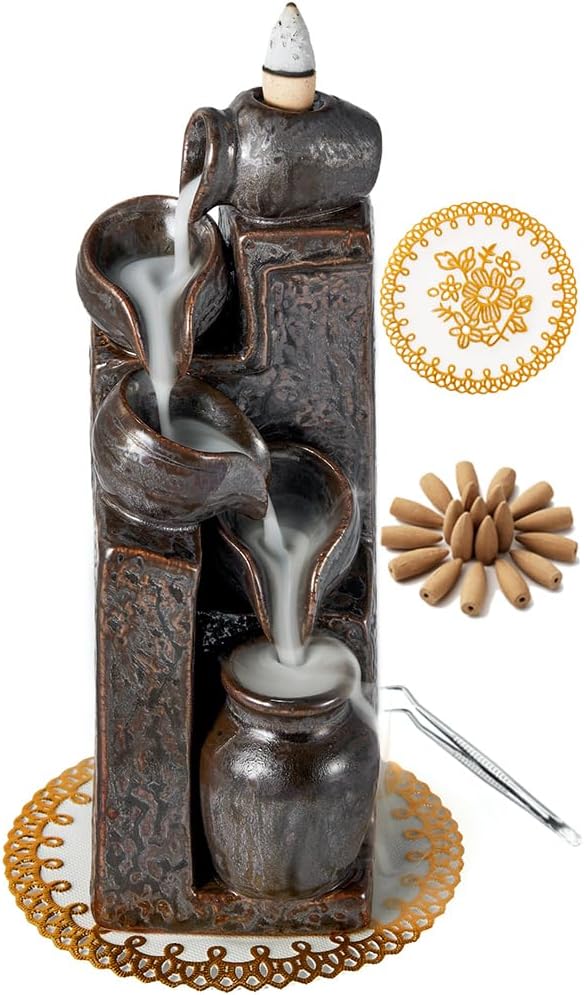 Unique Cascading Basins Ceramic Waterfall Incense Holder, Paired with a Pack of Backflow Incense Cones. (Metallic) - Bloomnest