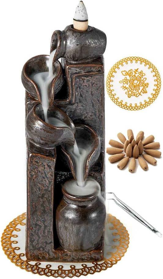Unique Cascading Basins Ceramic Waterfall Incense Holder, Paired with a Pack of Backflow Incense Cones. (Metallic) - Bloomnest