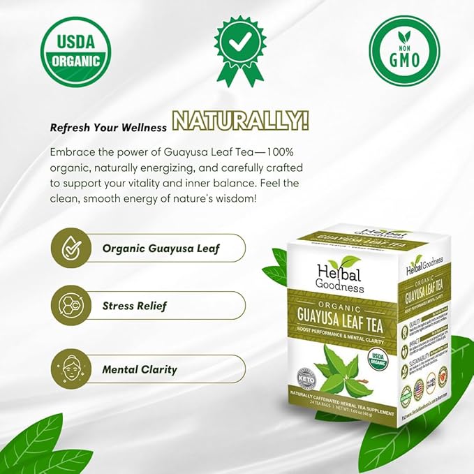 Herbal Goodness Organic Guayusa Leaf Tea Bags – Natural Energy Tea with Antioxidants & Smooth Caffeine | Smooth Focus | 24 Eco-Friendly Teabags – Caffeine Boost Without Jitters - | Yerba Mate Alternative, with Herbal Loose Leaf Tea Benefits - Bloomnest