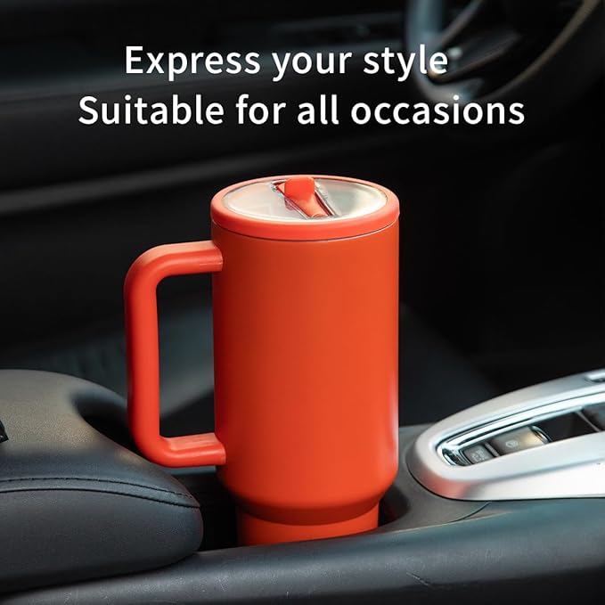40 oz Insulated Tumbler with Handle,Flip Straw,Lid & Rubber Base Stainless Steel Water Bottle - Leak Proof Vacuum Insulated Mug BPA Free Reusable Travel Cup Gifts for Women/Men (Orange) - Bloomnest