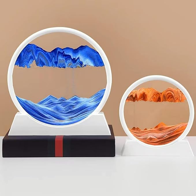 BGFJYUK Moving Sand Art Picture in Motion, Round Glass 3D Deep Sea Sandscapes with Display Flowing Sand Frame for Relaxing Desktop Home Office Work Décor for Kids Adults (White Frame Orange,7inch) - Bloomnest
