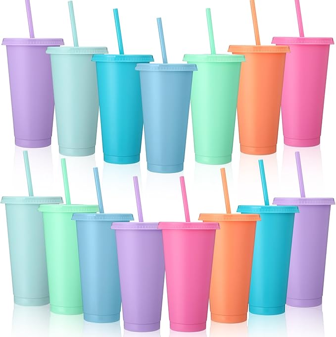 Honeydak 15 Pack Tumbler with Straw and Lid Bulk Water Bottle Iced Coffee Travel Mug Cup Reusable Plastic Cups for Party Birthdays 24-27 oz (Macaron Color) - Bloomnest