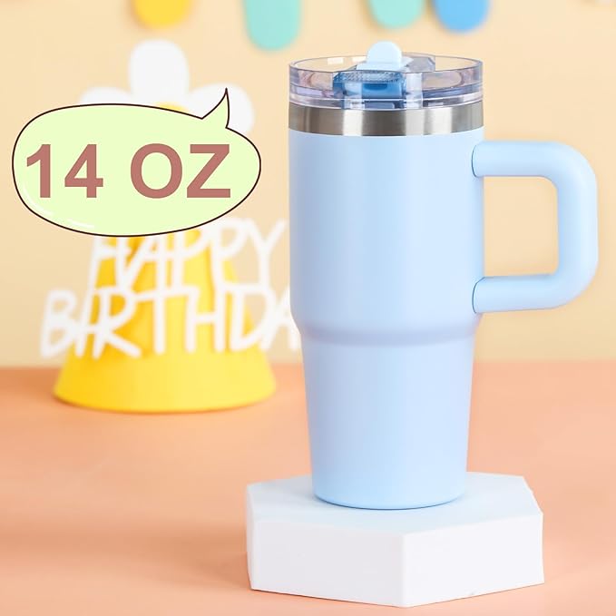 Cosictic 14 Oz Flip Straw Tumbler with Handle for Kids, Stainless Steel Double Wall Insulated Cup for Children with Flip Top Lid, 14 Oz Leak-proof Cups for Kids, Sky Blue - Bloomnest