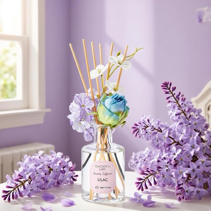 Chloefu Lan Lilac Reéd Diffuser Oil, 6.7 oz Refreshing Natural Essential Scented Oil with Purple Flower Diffuser Sticks,Bathroom Decor, Home & Office Decor,Diffuser Oil Gift Set - Bloomnest