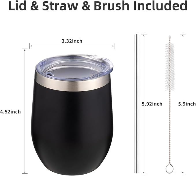 12 oz Insulated Wine Tumbler with Lid and Straw,Stainless Steel Stemless Wine Tumbler Glasses Double Wall Vacuum Wine Cups Tumbler Bulk for Coffee,Champaign,Cocktail,Office(Black,4) - Bloomnest