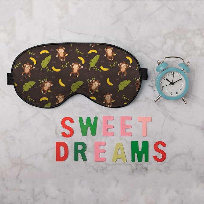 Cute Monkey Silk Sleep Mask, Adjustable Elastic Strap, Yellow, Animal Banana Palm Leaf Pattern, Soft Eye Shade Cover for Men Women Boy Girl Airplane Travel - Bloomnest