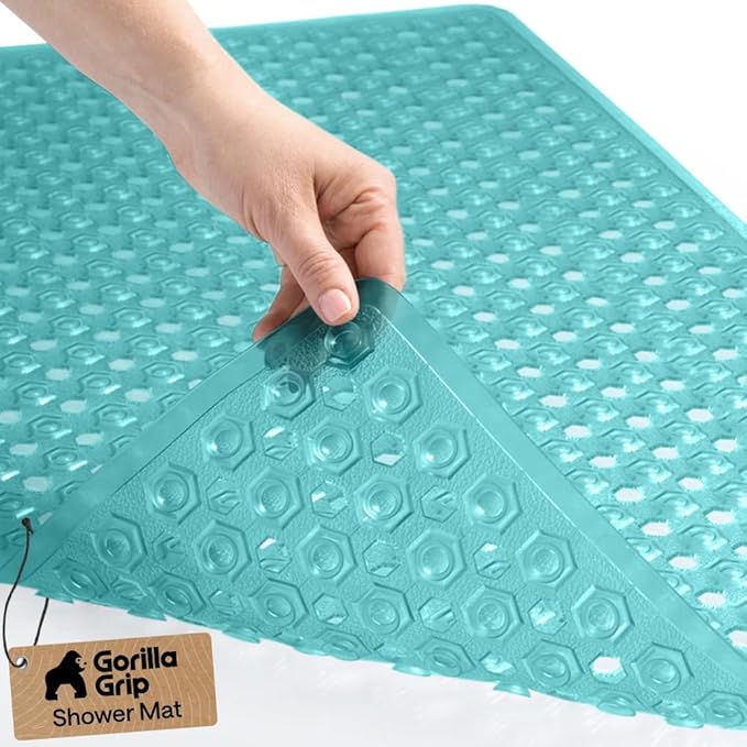GORILLA GRIP Patented Bath Tub Shower Mat, Machine Washable Bathtub Floor Liner Mats, Suction Cups and Drain Holes to Keep Tubs Clean, Soft on Feet, Bathroom Essentials, 35x16 Inch, Clear Turquoise - Bloomnest