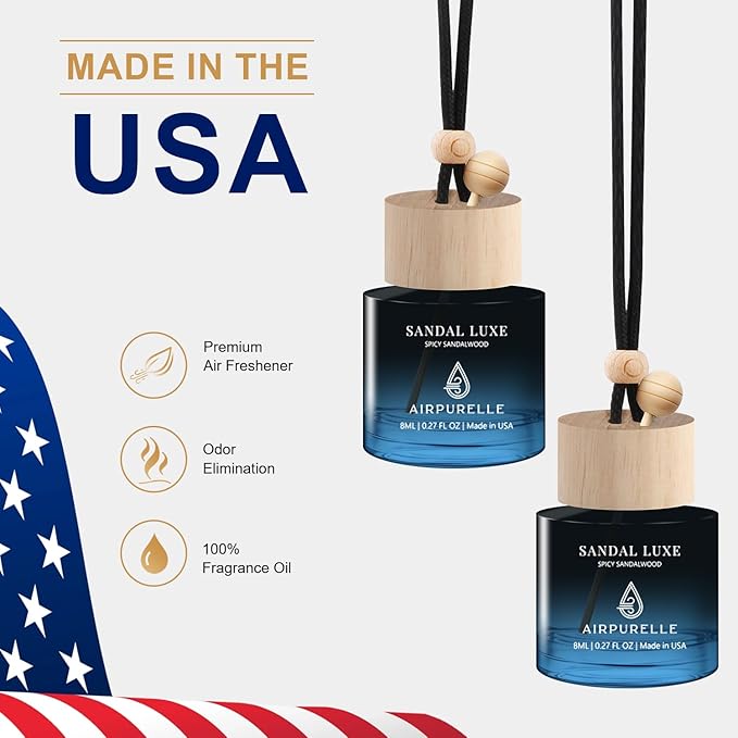 Car Air Freshener Hanging 2 Pack Car Air Fresheners Diffuser - Spicy Sandalwood Fragrance Oil Air Diffuser for Car, 45+ days Long Lasting Fragrance, Two 0.27 FL OZ/8ML Made in USA Car Air Fresheners - Bloomnest
