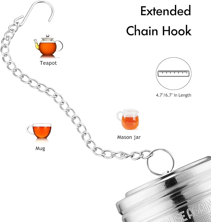 House Again Tea Infuser (2 Pack, Large + Small), Extra Fine Mesh Tea Strainers for Loose Tea, 18/8 Stainless Steel Tea Strainer with Extended Chain Hook, Tea Steeper - Bloomnest