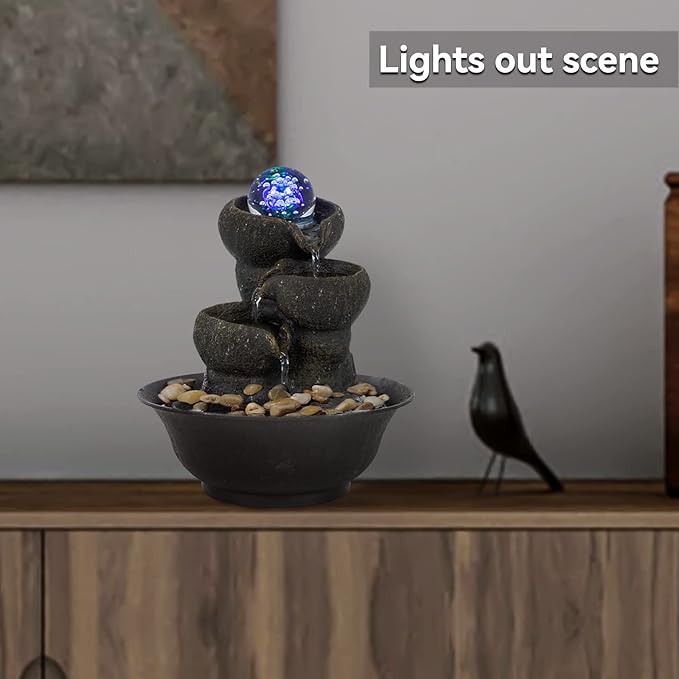Ferrisland Tabletop Waterfall Fountain - 3-Step Modern Water Fountain with LED Light for Office Desktop Decor - Bloomnest