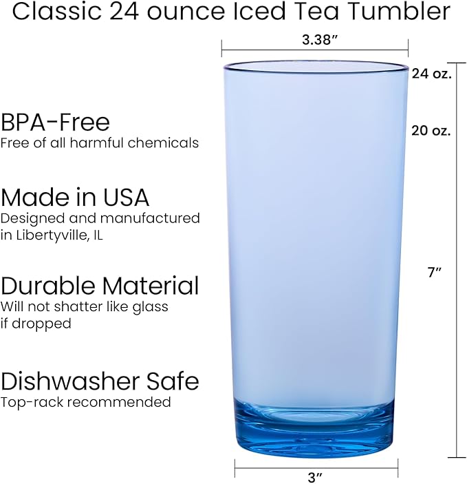 US Acrylic Classic Plastic Reusable Drinking Glasses (Set of 6) 24oz Iced Tea Cups Assorted Colors | BPA-Free Tumblers, Made in USA | Top-Rack Dishwasher Safe - Bloomnest