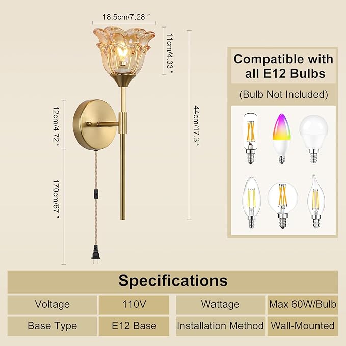 2 Pack Plug in Gold Wall Sconce with Modern Amber Glass Shades, Modern Mid Century Bathroom Vanity Wall Light Fixtures, Industrial Brushed Brass Wall Lamp, for Bedroom Mirror Living Room - Bloomnest