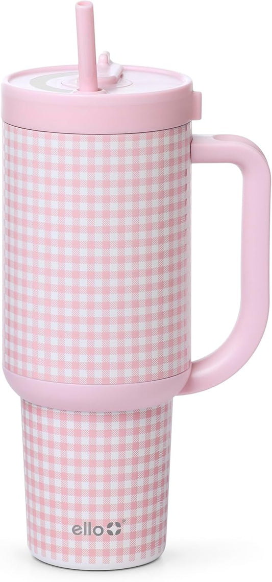 Ello Oasis 30 oz Tumbler with Handle & Retracting Straw | Reusable Insulated Stainless Steel Cup 100% Leakproof, Gifts for Teens Women Men | Keeps cold for 24 Hours, Cup Holder Friendly, Pink Gingham - Bloomnest